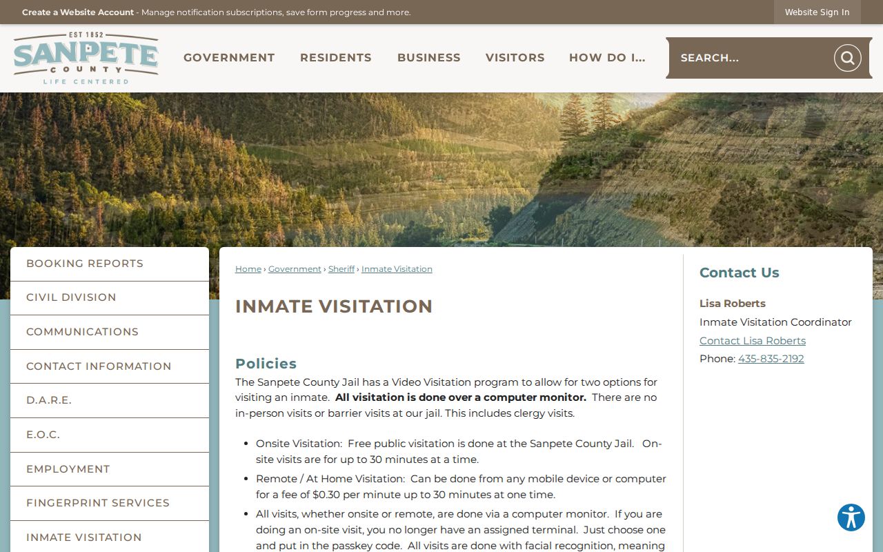Sanpete County arrest booking record context from the jail visitation page