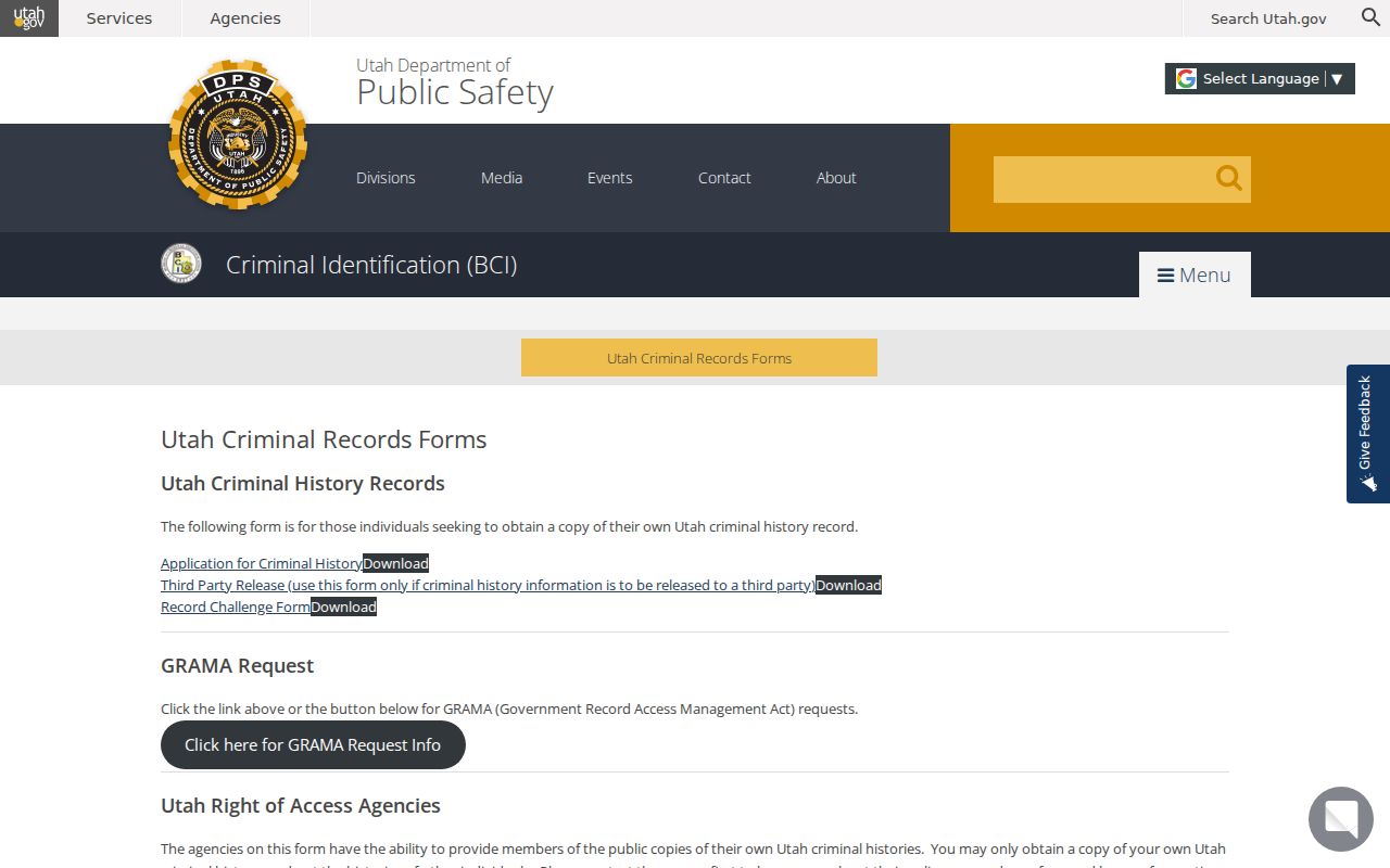 Sanpete County criminal history BCI Right of Access forms