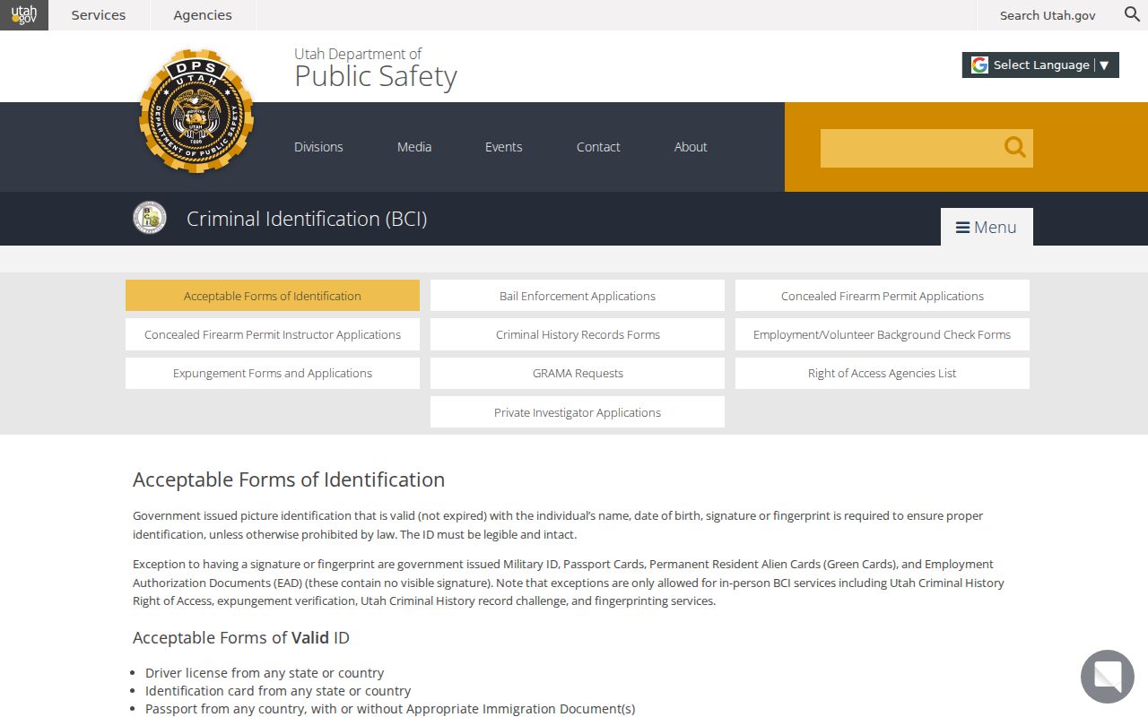 Sanpete County criminal record check acceptable BCI identification