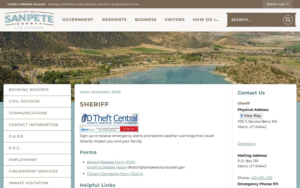 Sanpete County criminal records Sheriff contact page