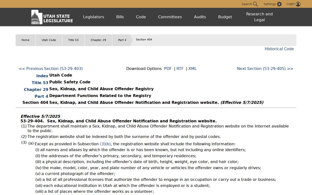 Sanpete County sex offender registry fields in Utah Code
